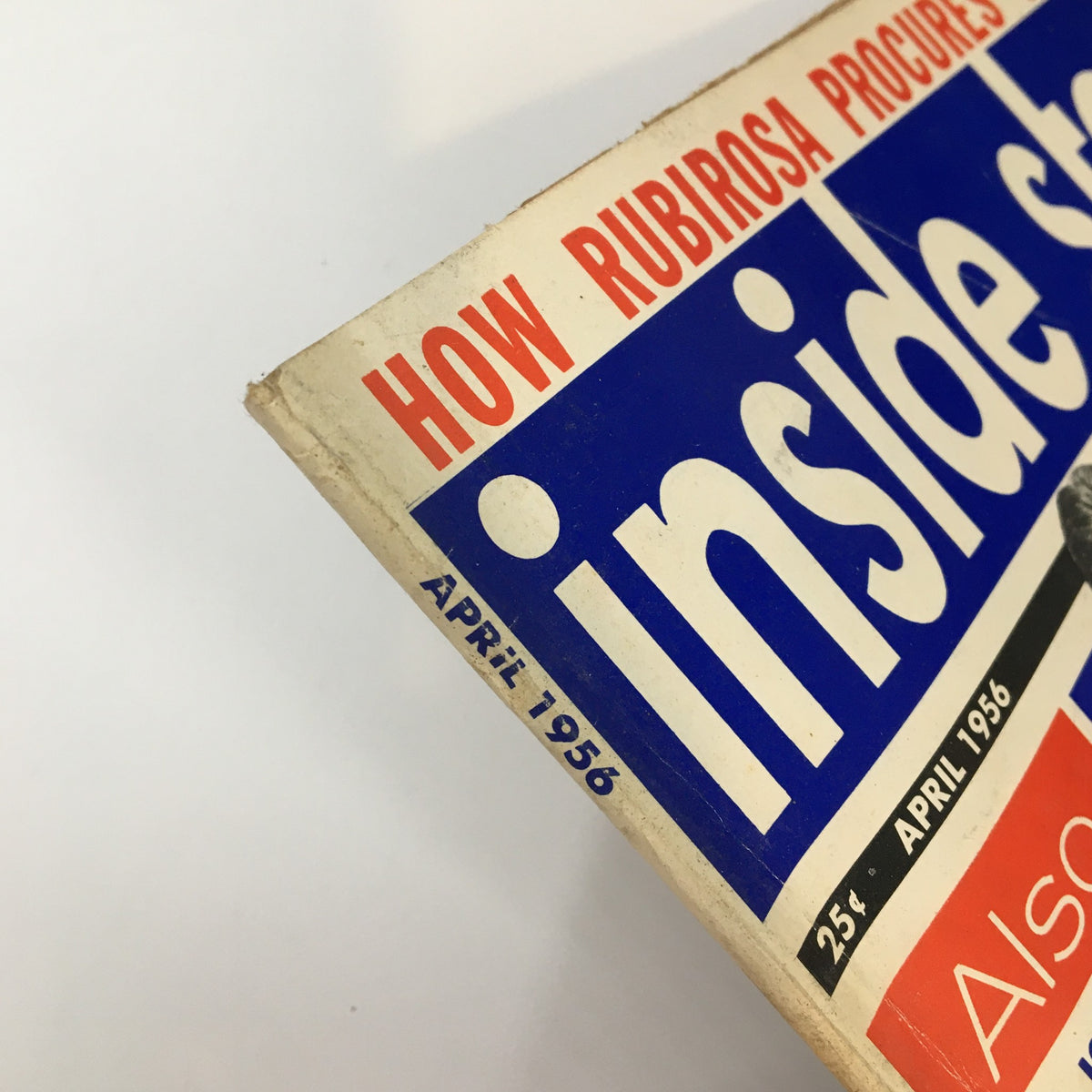 Spine of Inside Story Magazine April 1956 showing publication date and title, highlighting the magazine's vintage aesthetics.