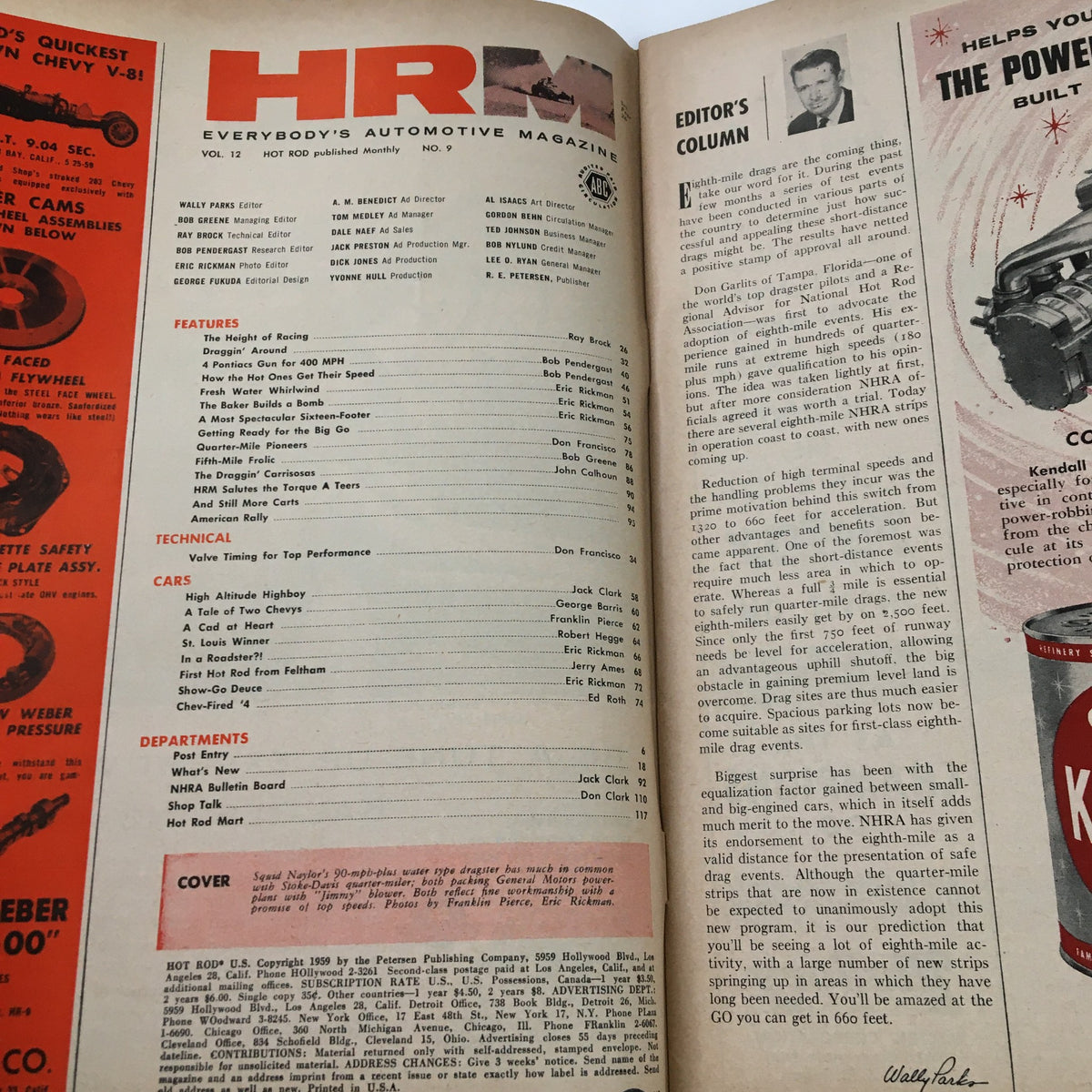 Interior page of VTG Hot Rod Magazine September 1959, displaying the table of contents and editor's column, highlighting features on automotive performance.