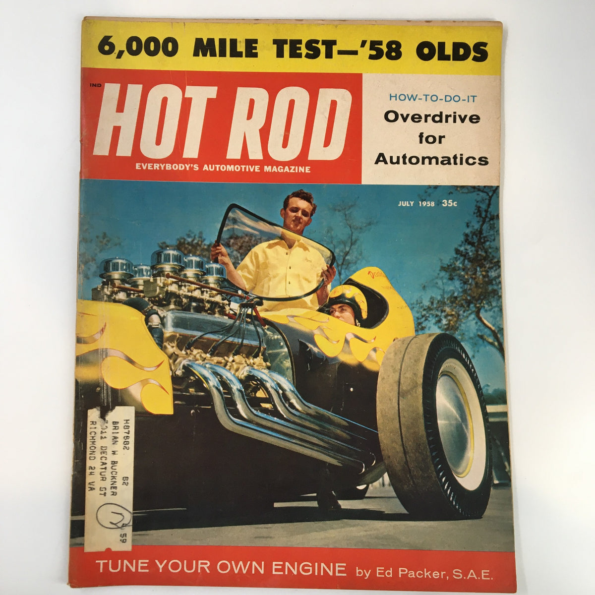 Cover of VTG Hot Rod Magazine July 1958 featuring a Buick-Powered Dragster by Daddy's Auto Shop, showcasing classic motorsport culture with vibrant imagery and detailed automotive design.