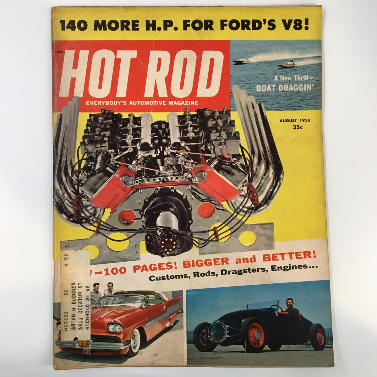 Cover of VTG Hot Rod Magazine August 1958 featuring Cecil Roper's Chrysler V-8 Power, showcasing a colorful design with automotive graphics and bold headlines.