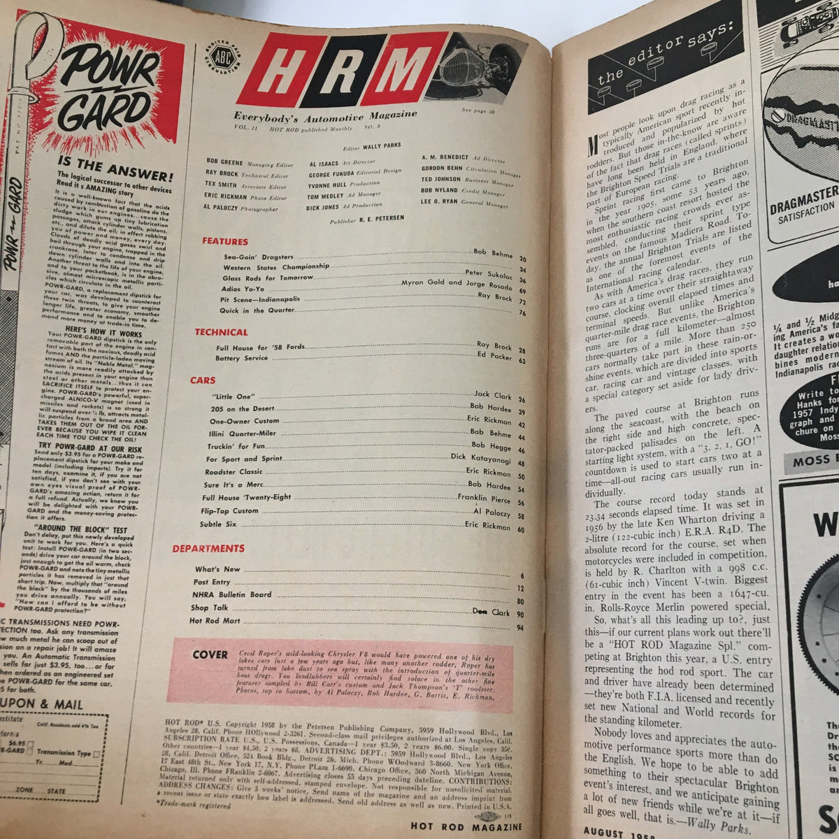 Interior page of VTG Hot Rod Magazine August 1958, displaying the table of contents and features section, highlighting articles about car modifications and racing events.