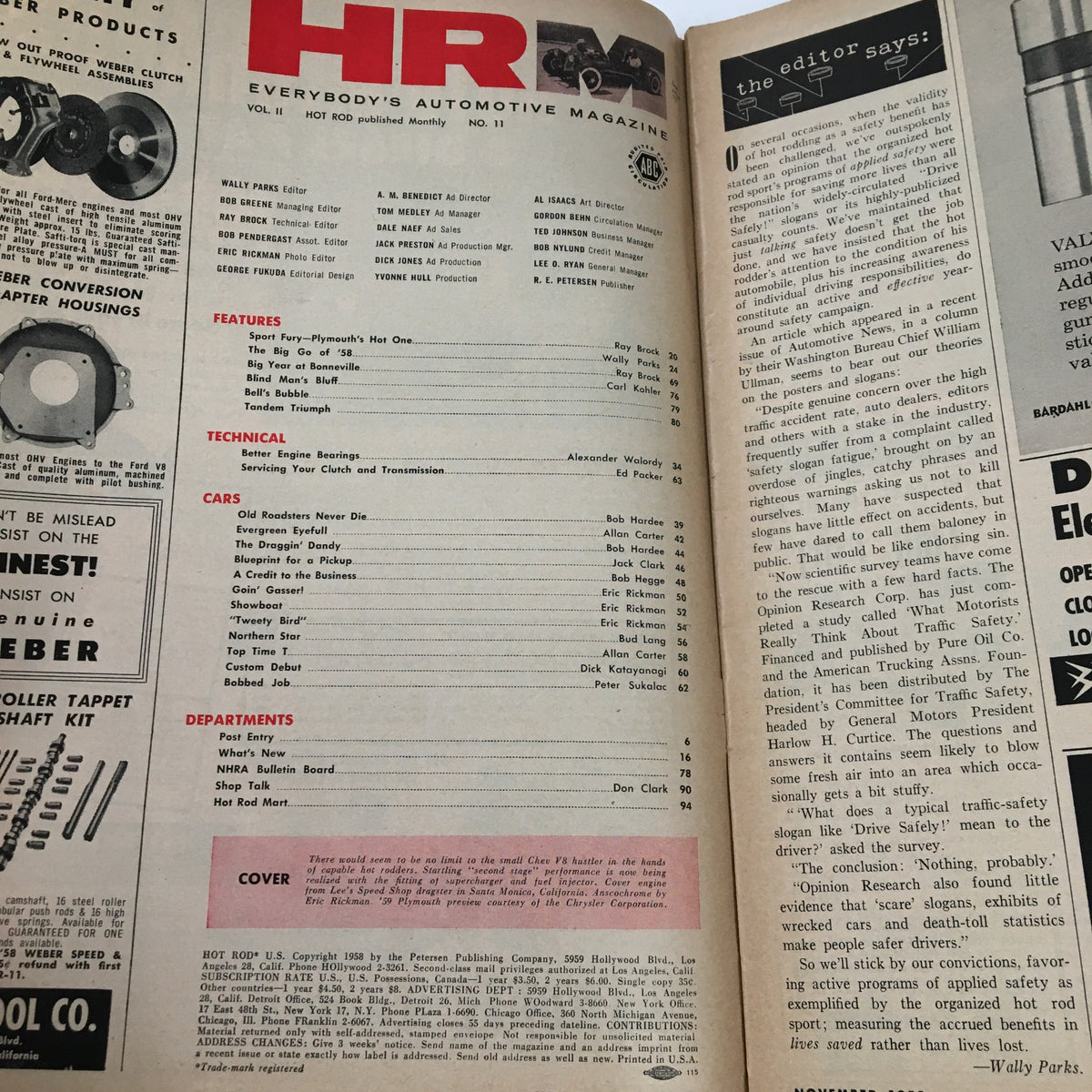 Vintage Hot Rod Magazine November 1958 The Small Chev V8 Hustlers in Hot Rodders