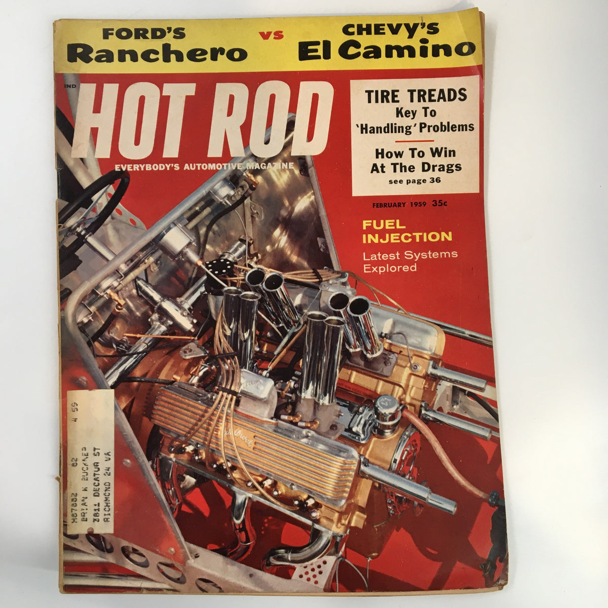 VTG Hot Rod Magazine February 1959 cover featuring Ford's Ranchero vs Chevy's El Camino, highlighting fuel injection and handling tips.