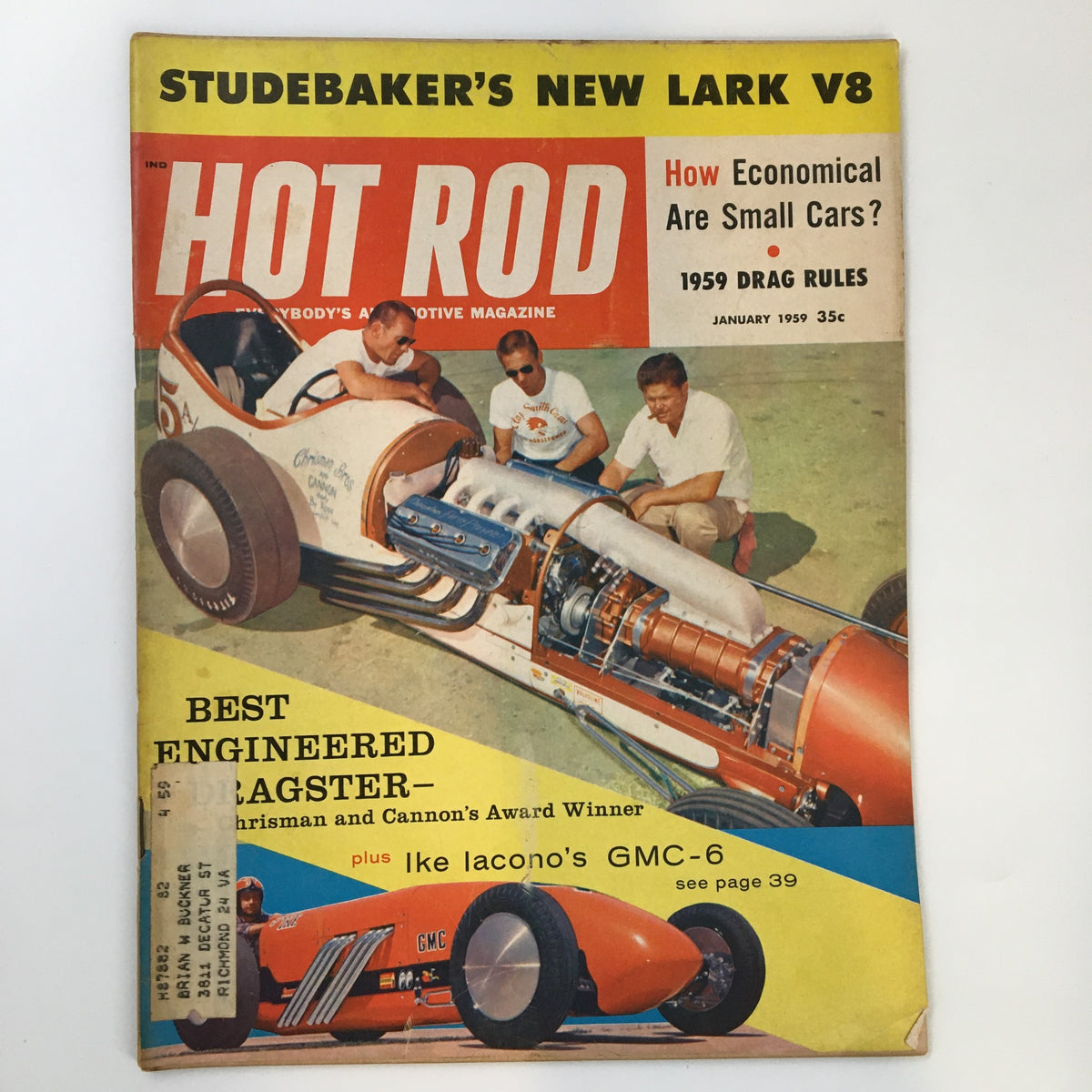 Cover of VTG Hot Rod Magazine January 1959 featuring Art and Lloyd Chrisman with Frank Cannon beside a dragster. The cover highlights a Best Engineered Flagster feature and advertisements related to automotive products.