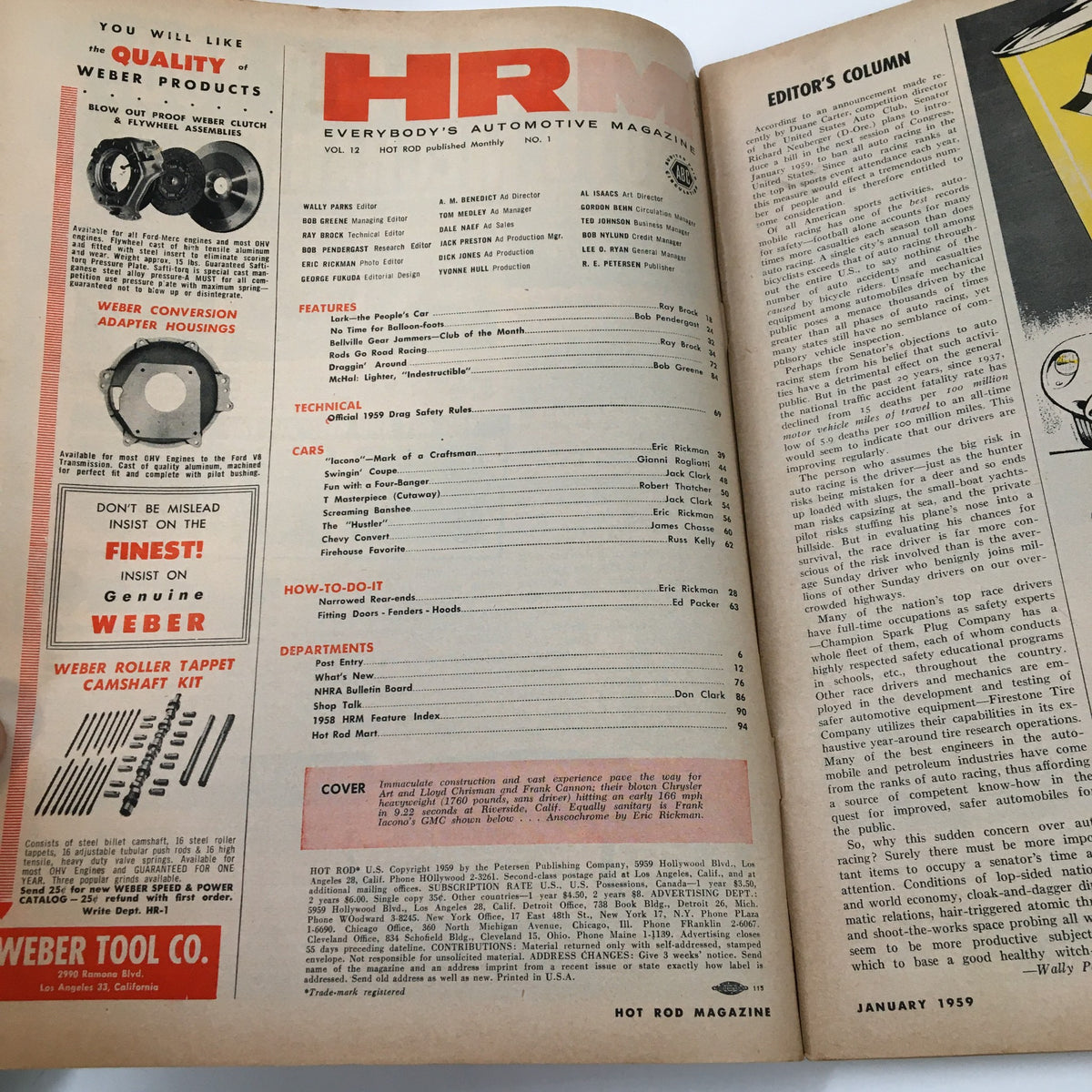 Inside page of VTG Hot Rod Magazine January 1959 displaying the table of contents along with advertisements, including Weber products and technical features of the issue.
