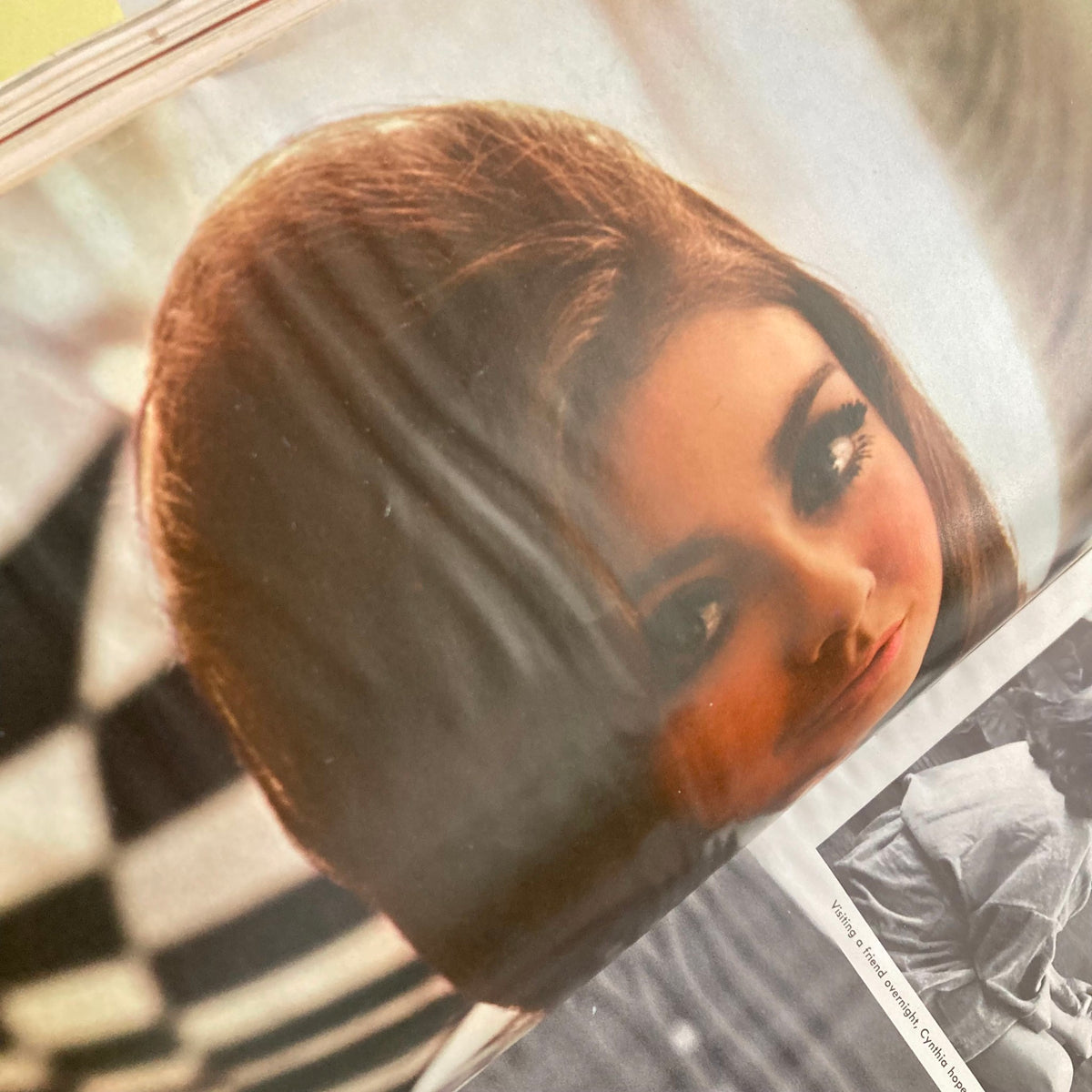 Interior page of VTG Playboy Magazine December 1968 depicting a close-up of Playmate Cynthia Myers, highlighting her iconic beauty and style of the era.