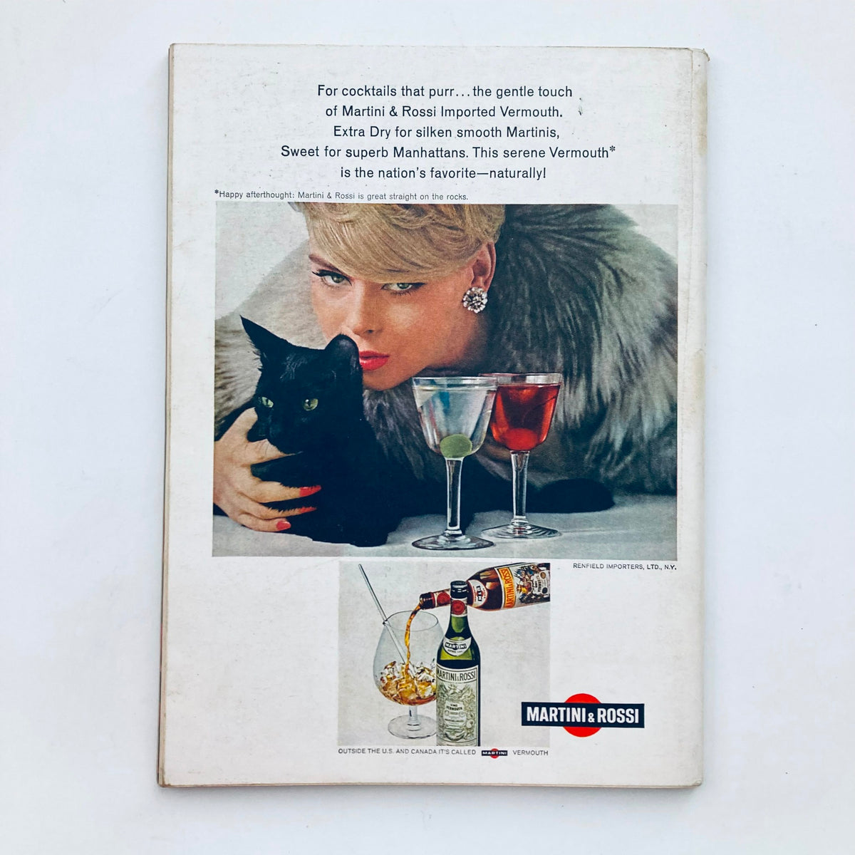 Back cover of the VTG Playboy Magazine June 1966 featuring a vintage advertisement for Martini & Rossi Vermouth with a woman and a black cat.