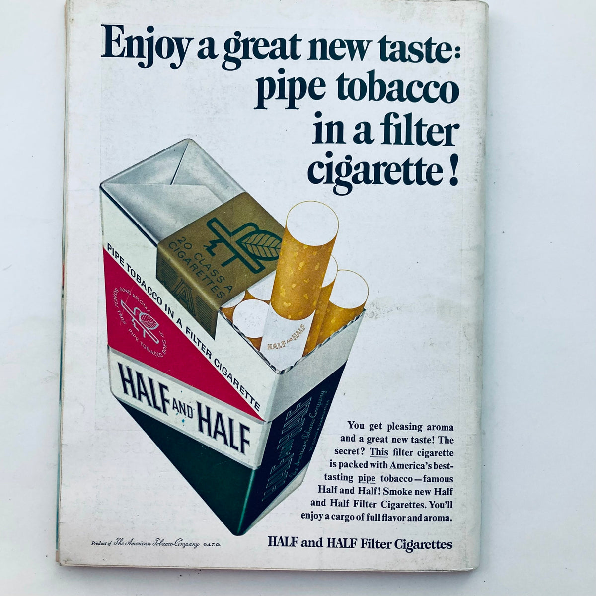 Vintage advertisement for Half and Half Filter Cigarettes from Playboy Magazine October 1965, highlighting a unique blend of pipe tobacco in a cigarette format.