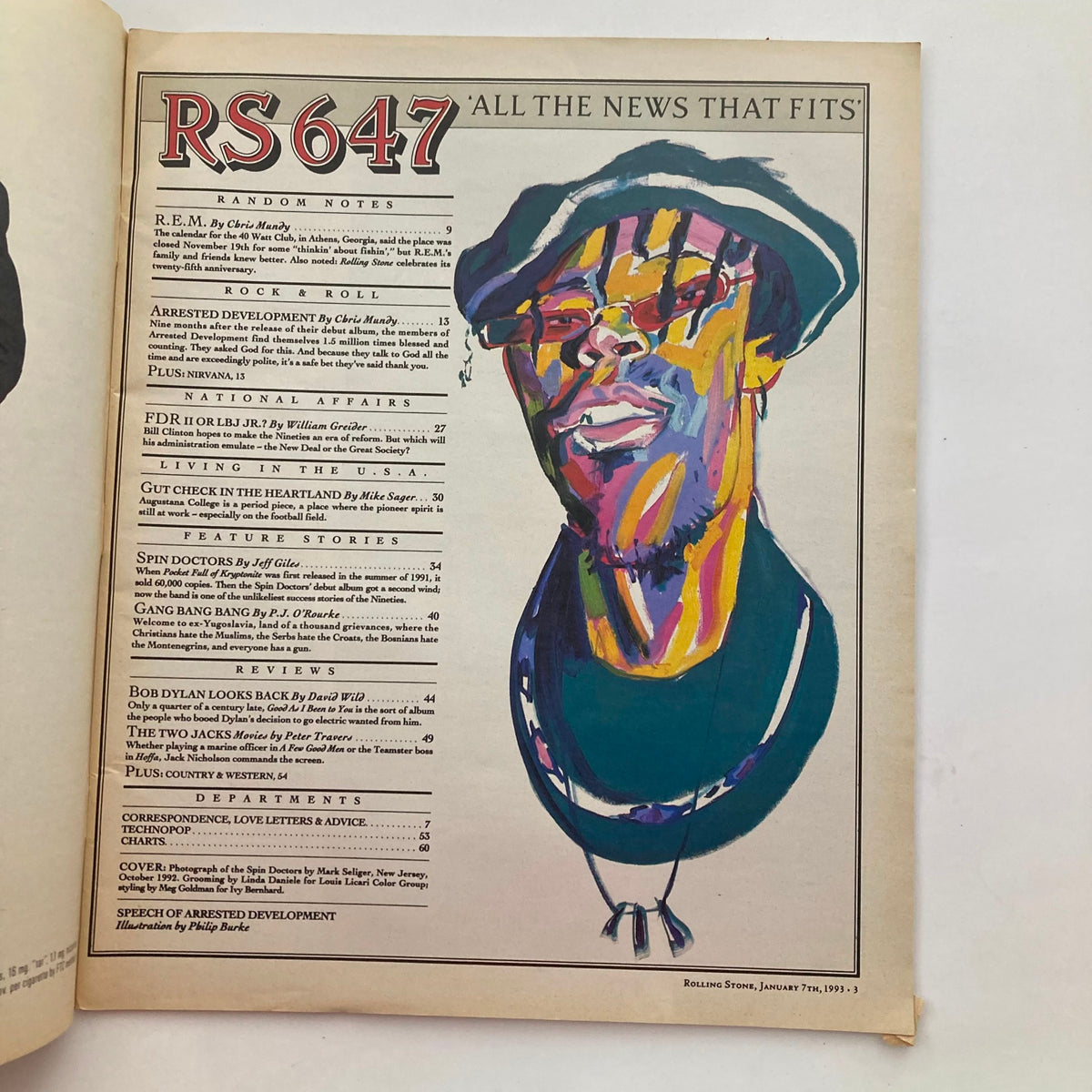 Rolling Stone Magazine January 7 1993 Issue 647 features an artistic portrayal of a musician, highlighting the 'On Tour' segment with the Spin Doctors, showcasing key articles and music reviews from the early '90s music scene.