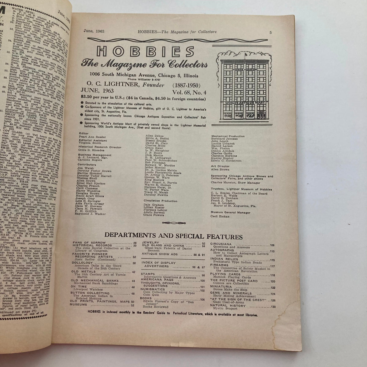 Inside page of Hobbies Magazine for Collectors June 1963 Vol 68 No. 4: Fans of Sorrow showcasing magazine details, including departments and special features related to collecting hobbies.