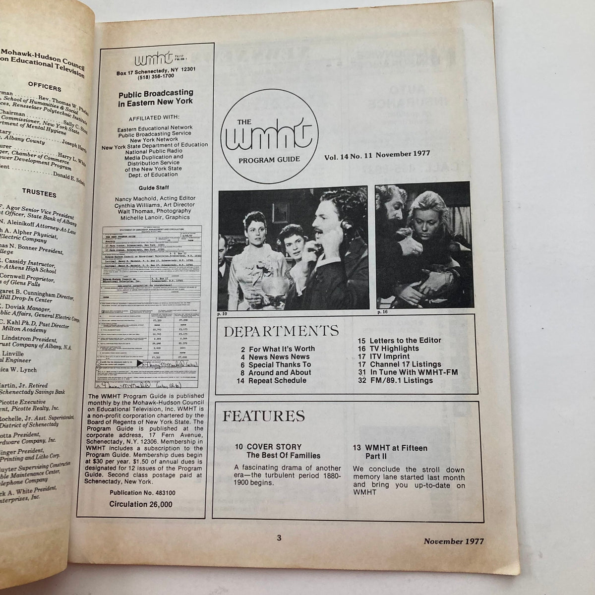 Interior page of the VTG WMHT Program Guide Magazine November 1977, displaying the contents and features including 'The Best of Families' cover story and program listings.