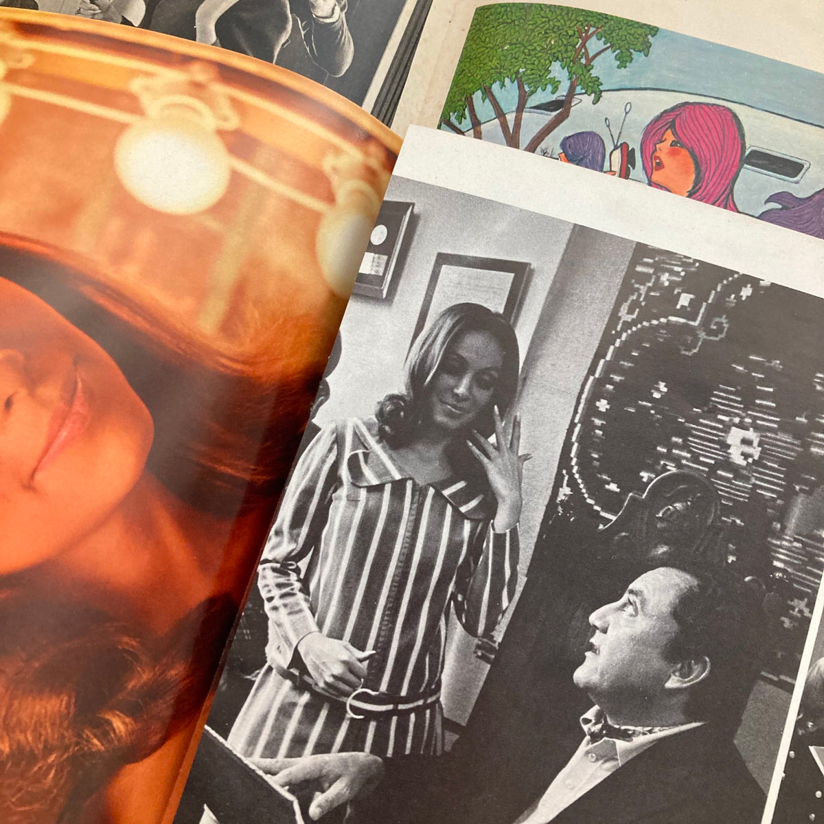 Inside VTG Playboy Magazine May 1968, featuring a portrait of Elizabeth Jordan and a candid shot of a woman in a striped outfit, highlighting the vintage aesthetics and photography style.