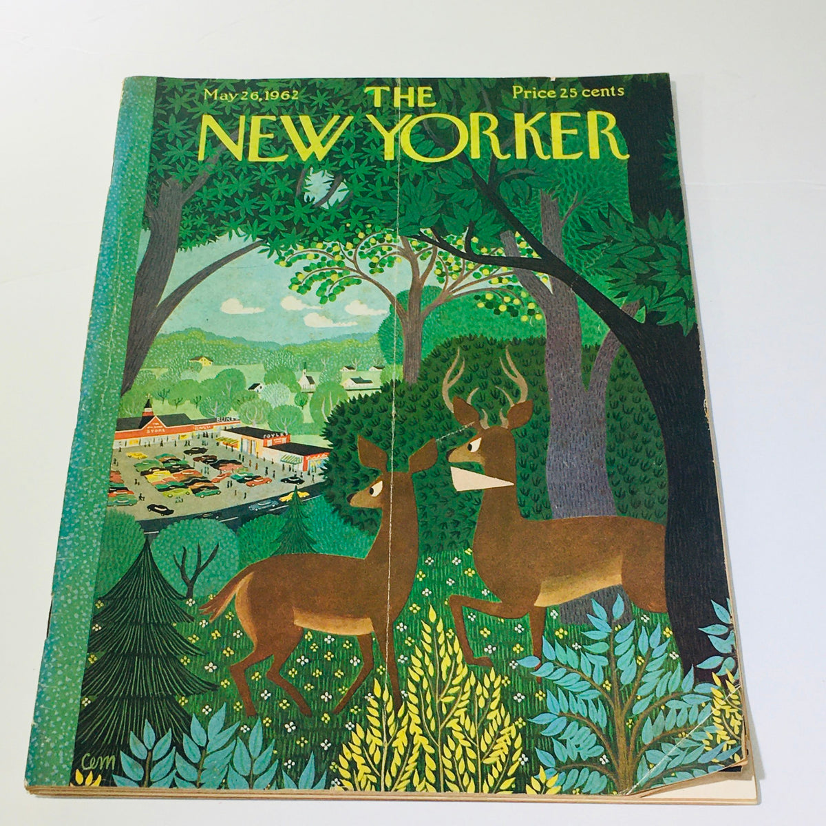 The New Yorker: May 26 1962 - Full Magazine cover featuring striking illustration by Charles E. Martin, depicting a serene forest scene with deer amidst lush greenery, embodying mid-20th century art.