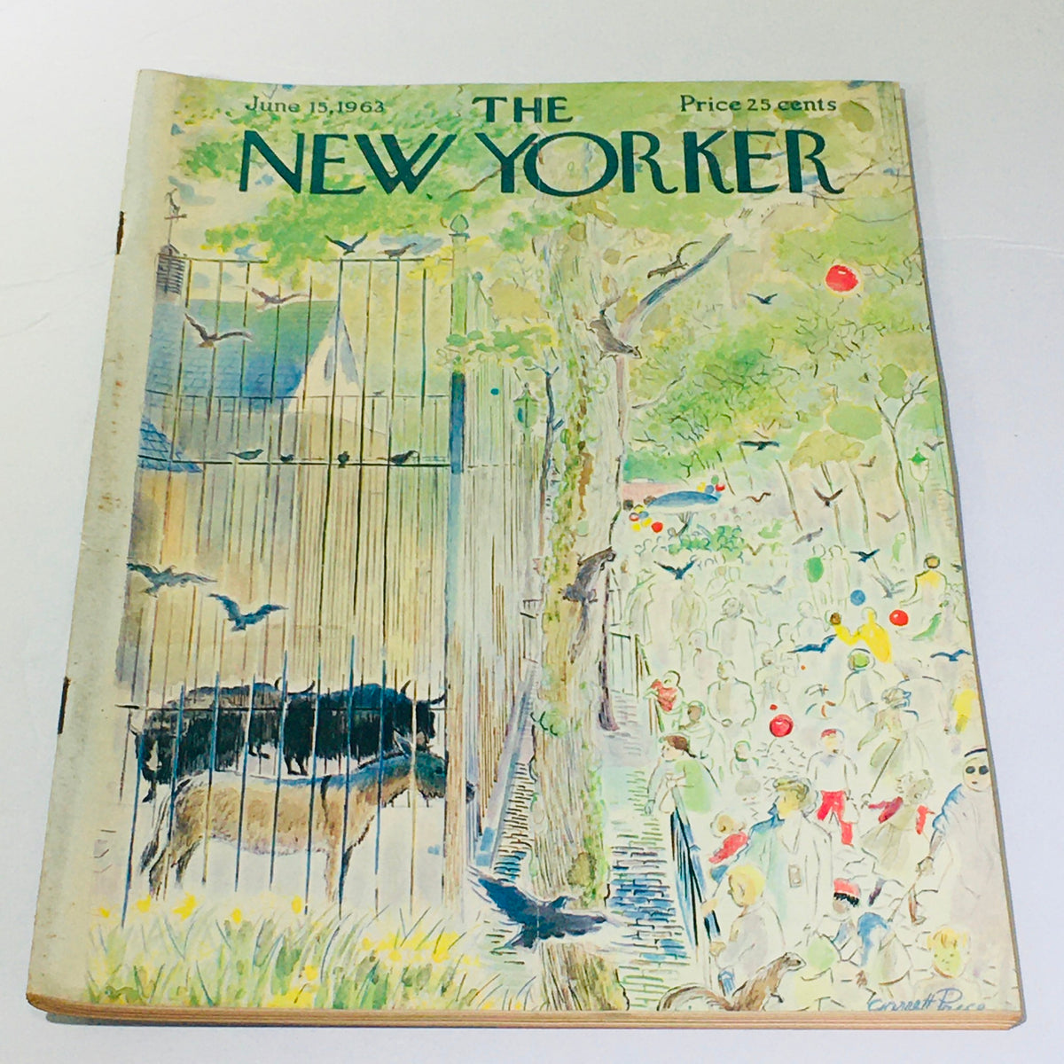 The New Yorker: June 15 1963 - Full Magazine cover featuring a vibrant hand-painted illustration by Garrett Price, depicting a whimsical scene with trees, animals, and people, showcasing a vintage design from the iconic magazine.