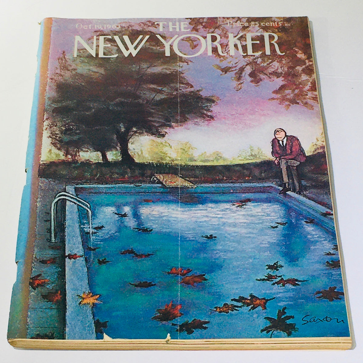 The New Yorker: October 19 1963 - Full Magazine cover featuring a serene swimming pool in autumn, illustrated by Charles Saxon, showcasing fallen leaves and a contemplative figure.