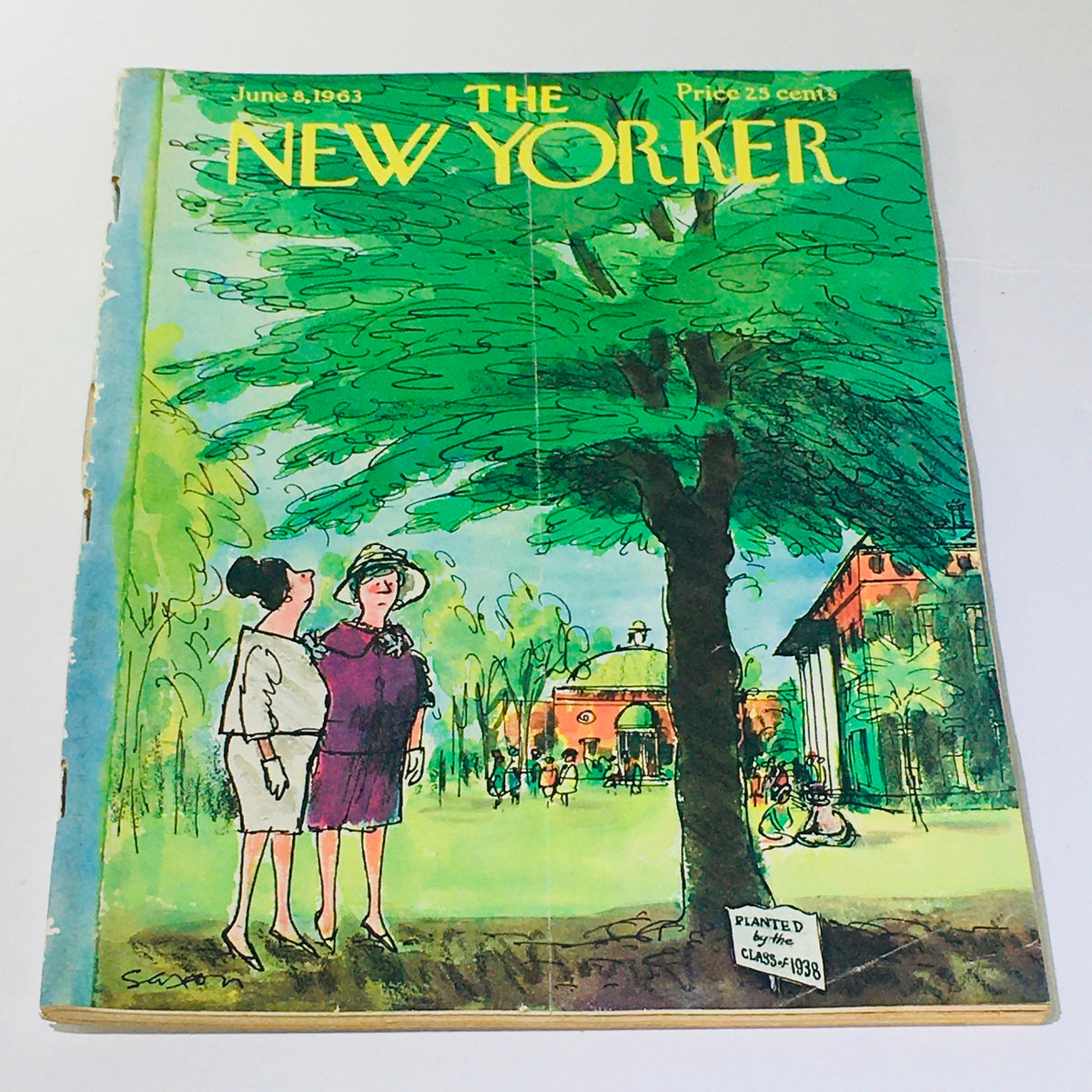 The New Yorker: June 8, 1963 - Full cover featuring a vibrant illustration by Charles Saxon, depicting two women in a colorful park setting with lush greenery.
