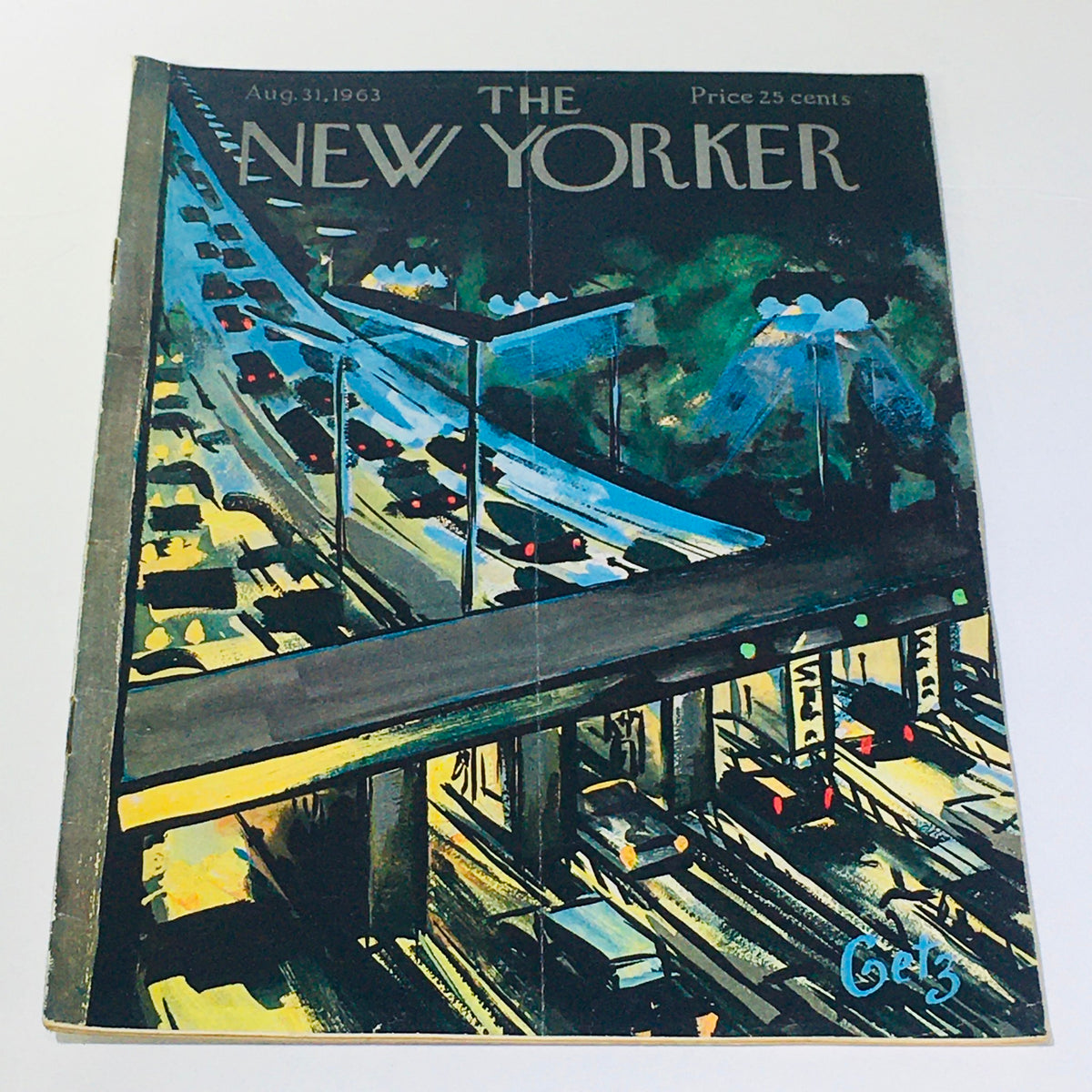 The New Yorker: August 31 1963 full magazine cover by Arthur Getz, featuring a vibrant illustration of a busy highway scene at night with glowing streetlights and traffic.