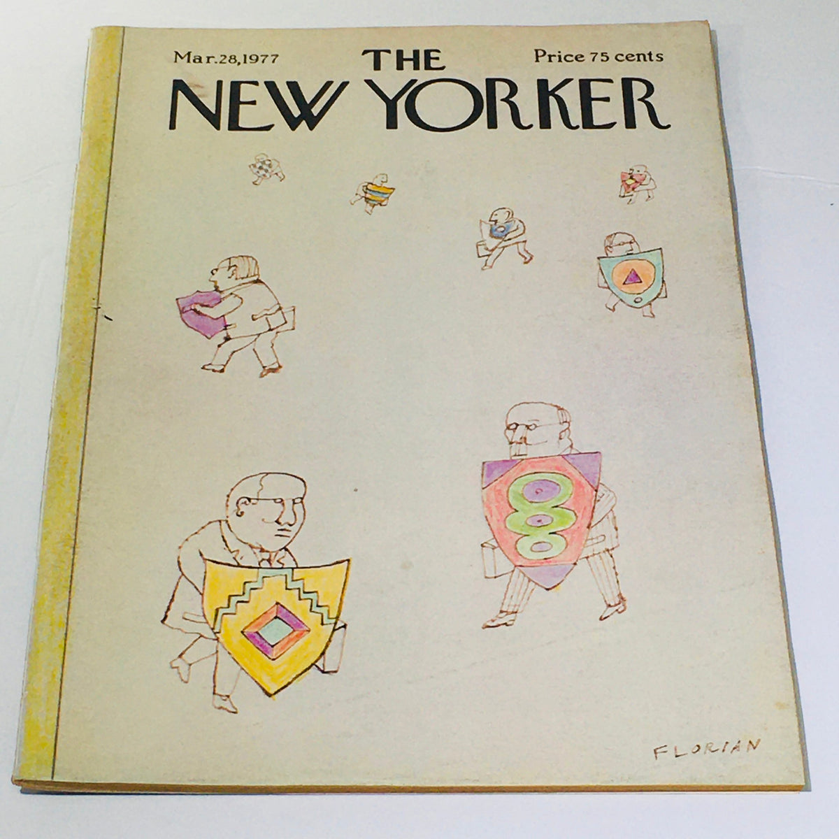The New Yorker: March 28, 1977 - Full magazine cover featuring unique illustrations by Douglas Florian, depicting characters with shields, showcasing vintage art and design.