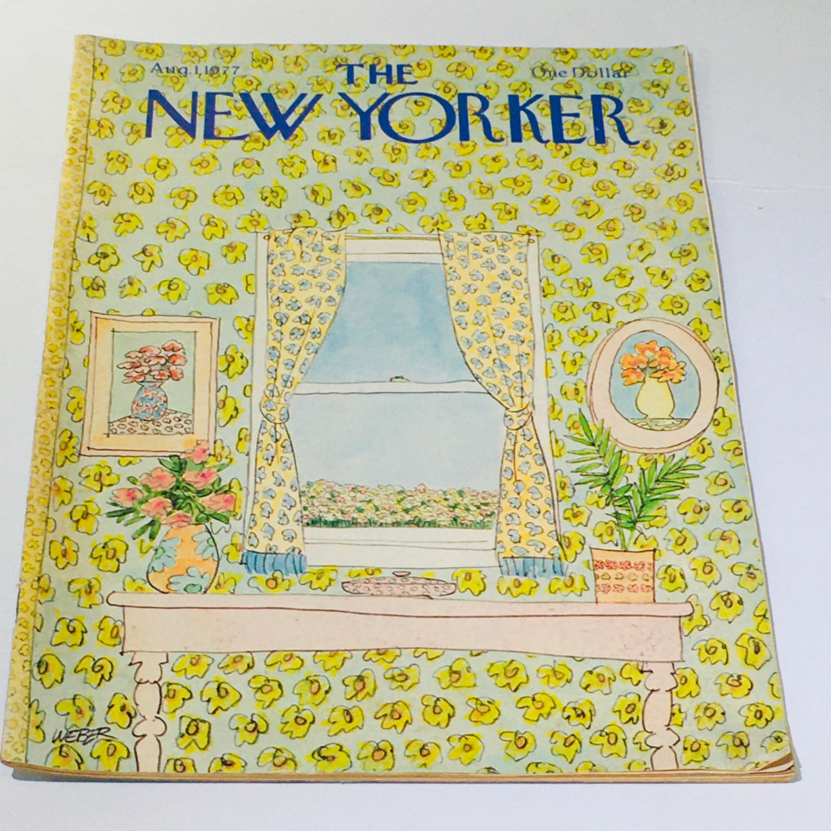 The New Yorker: August 1 1977 - Full magazine cover featuring an artistic illustration by Robert Weber showcasing a bright, floral-patterned interior with a window view.