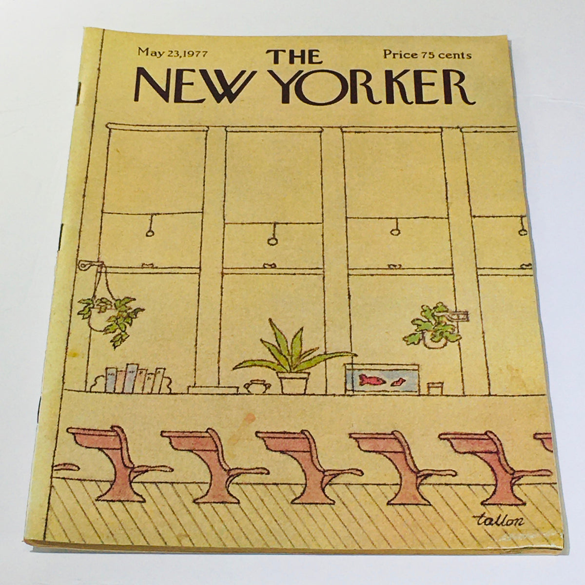 Cover of The New Yorker dated May 23, 1977, featuring unique artwork by Robert Tallon, showcasing an interior scene with plants and seating.