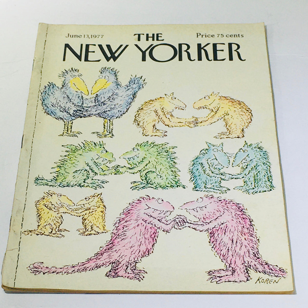 Cover of The New Yorker: June 13, 1977 featuring whimsical artwork by Ed Koren, depicting colorful animals and creatures in playful poses.