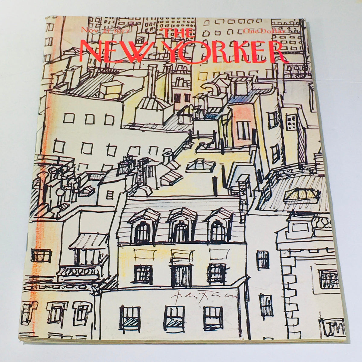 The New Yorker Magazine Cover from November 21, 1977 featuring a charming illustrated cityscape by Andre Francois, showcasing rooftops and buildings, perfect for art collectors and vintage magazine enthusiasts.
