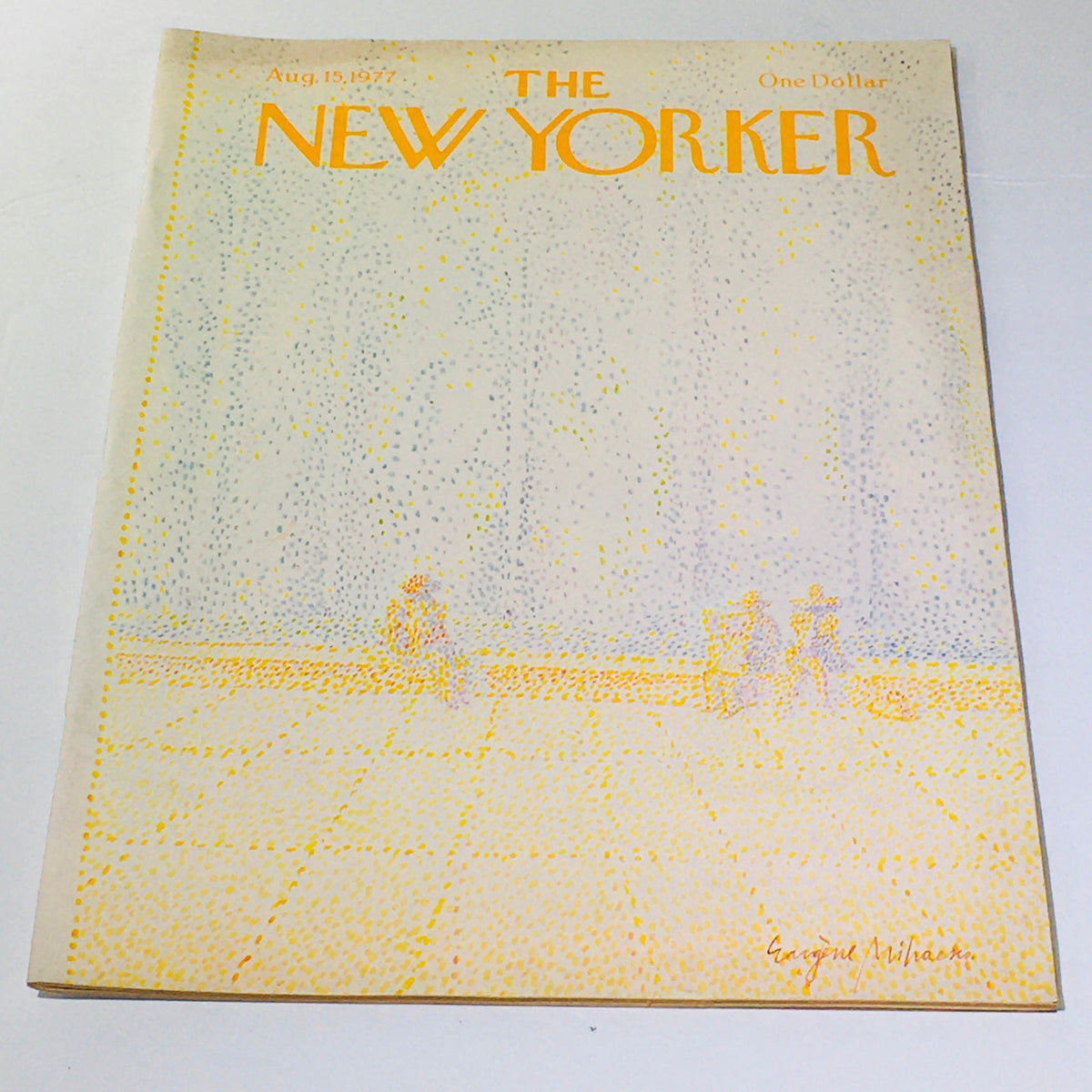 Cover of The New Yorker: August 15, 1977 featuring theme art by Eugene Mihaesco, depicting a stylized scene with figures in soft colors.