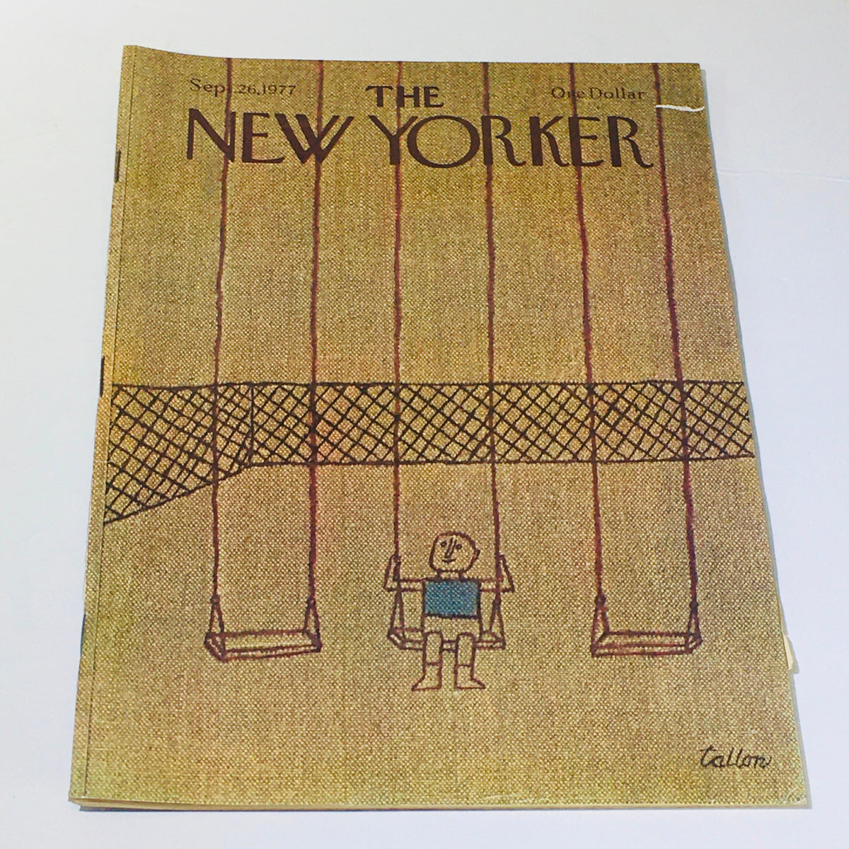 Cover of The New Yorker dated September 26, 1977, featuring a whimsical illustration of a child on a swing, designed by Robert Tallon.