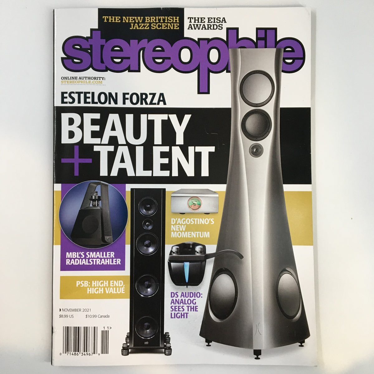 Cover of Stereophile Magazine November 2021 featuring MBL's Smaller Radialstrahler, discussing beauty and talent in high-end audio equipment.