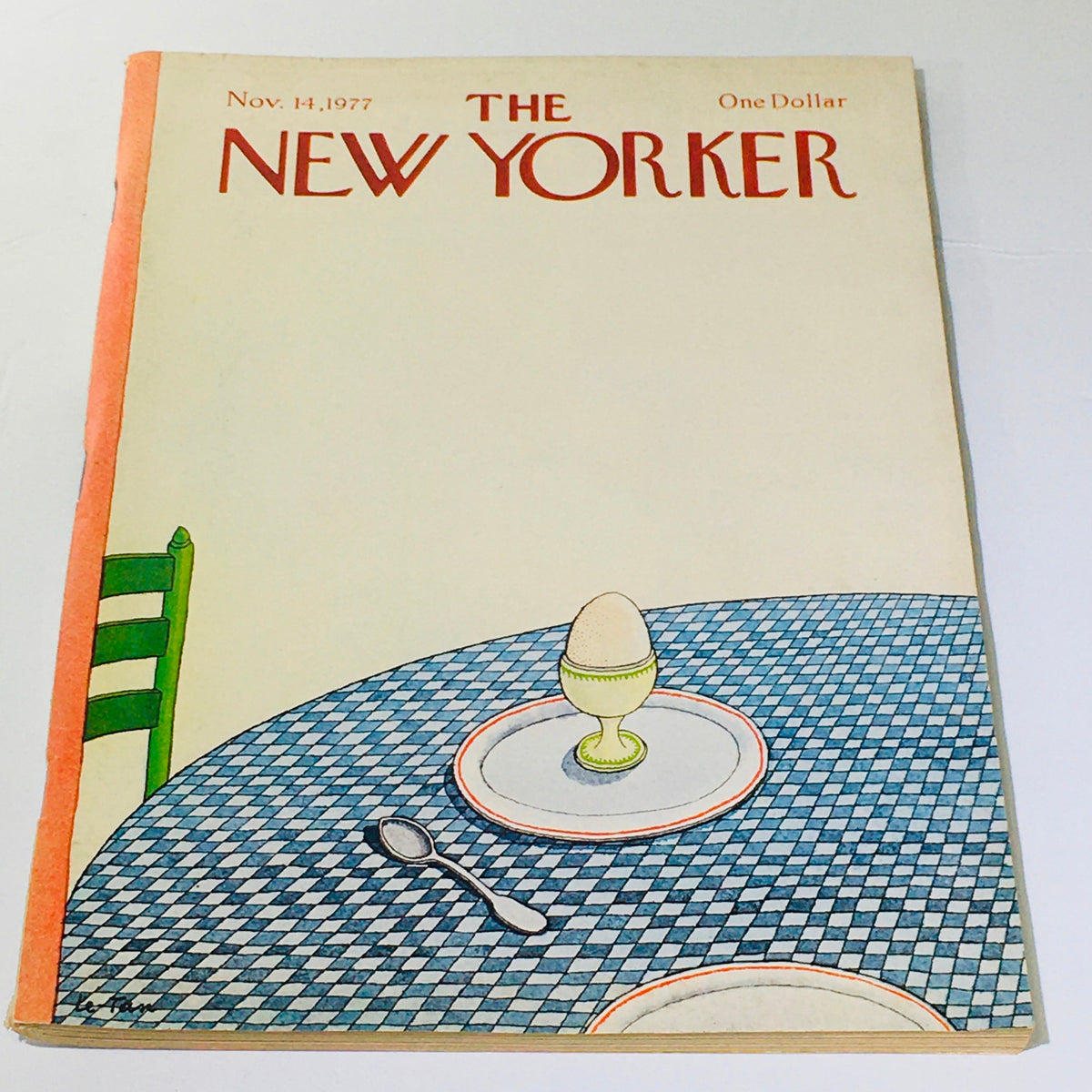 The New Yorker November 14 1977 magazine cover featuring a whimsical illustration of a table setting with an egg, a spoon, and a checkered tablecloth, showcasing the artistic style of Pierre Le-Tan.