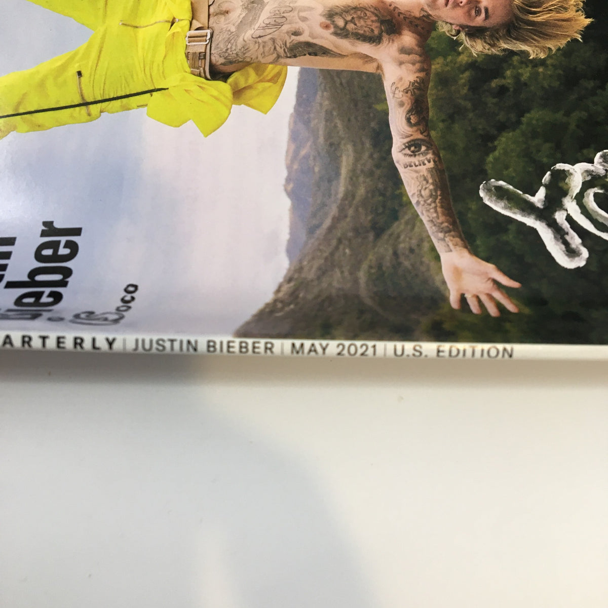 Spine view of GQ Magazine May 2021 showcasing Justin Bieber on the cover, emphasizing the magazine's edition details, including 'U.S. Edition'.