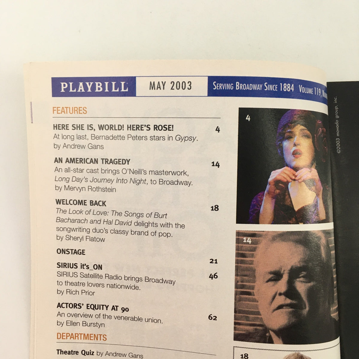 Inside page of the May 2003 Playbill, showcasing features and articles about Broadway performances, including sections related to 'Humble Boy'.