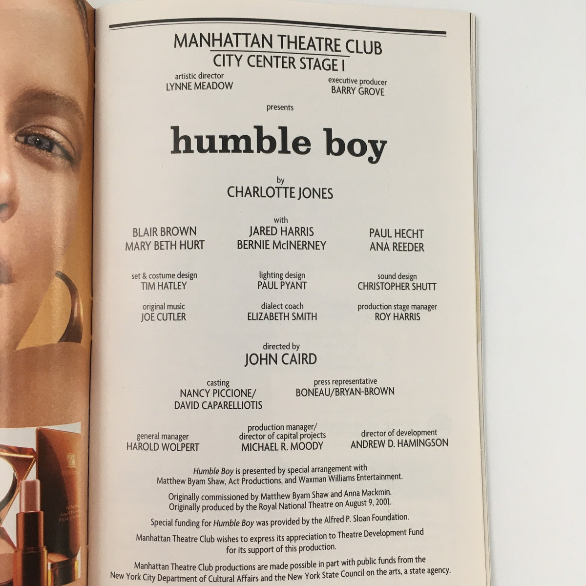 Credits page from the 2003 Playbill for 'Humble Boy' by Charlotte Jones, listing cast and production team details.