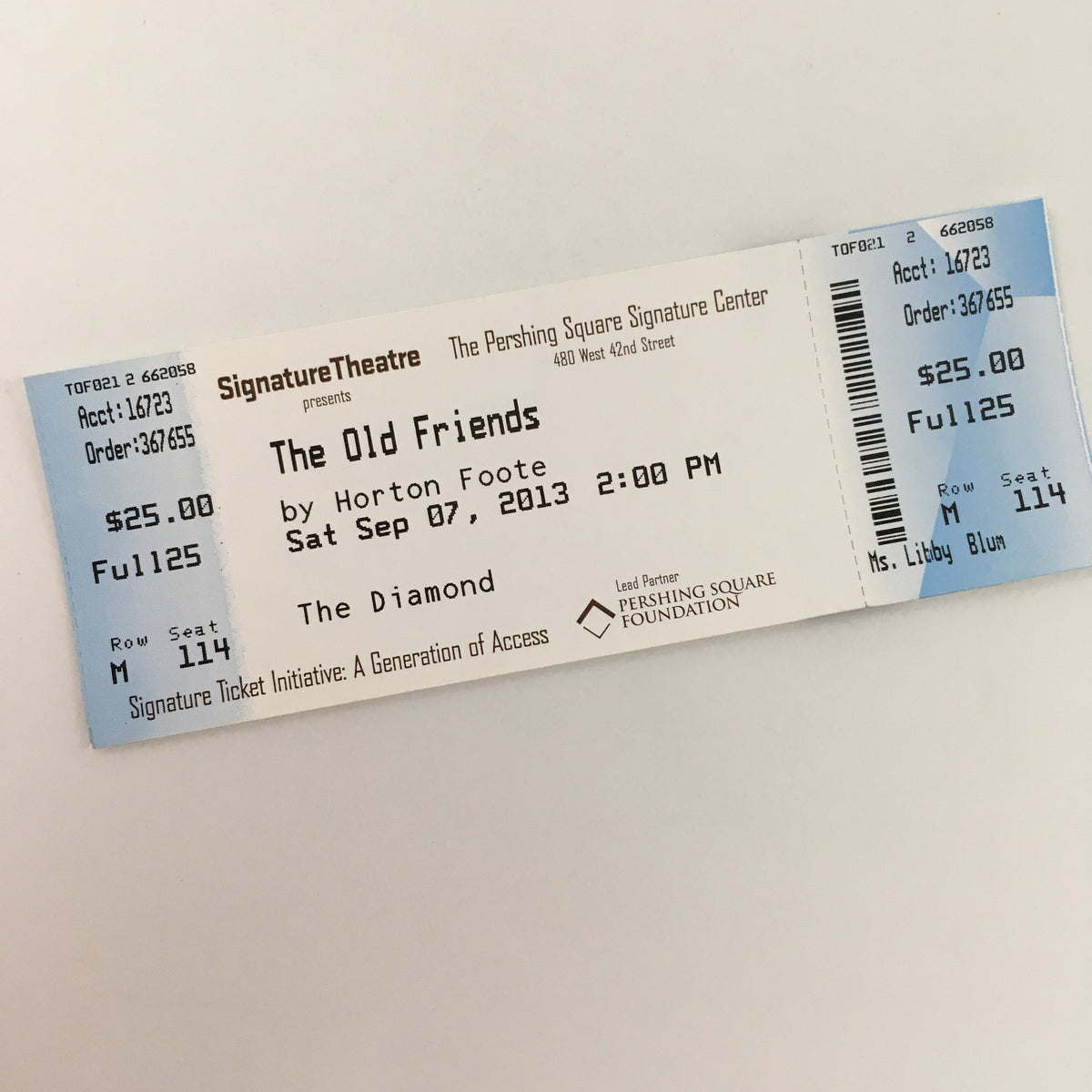 Original ticket for 'The Old Friends' by Horton Foote, dated September 7, 2013, showcasing details of the performance at the Pershing Square Signature Center.