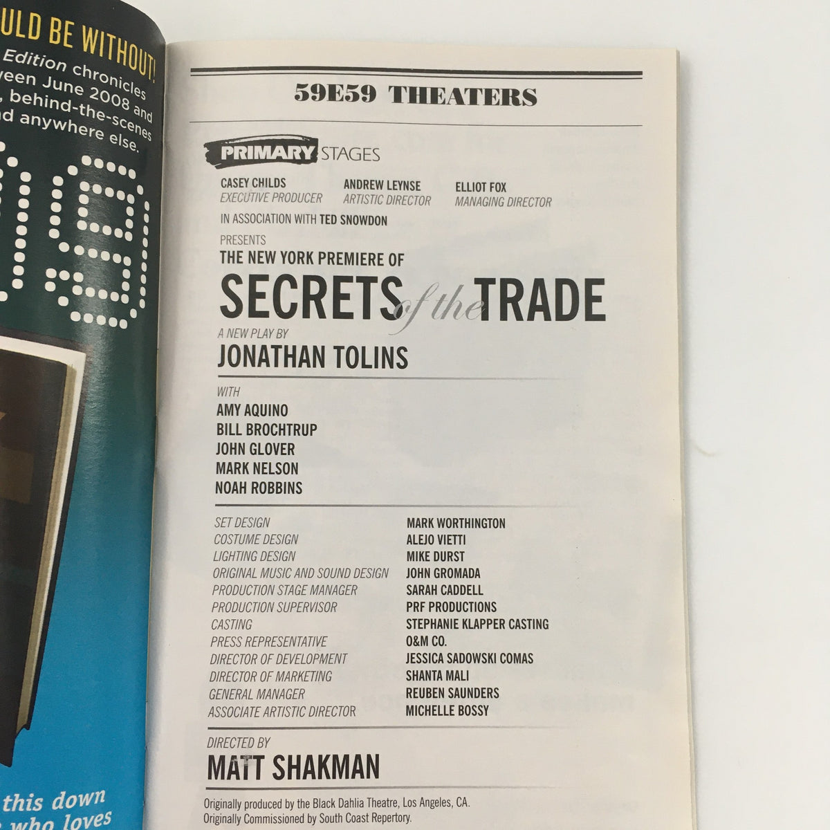 Feature page from the 2010 Playbill Primary Stages Secrets of the Trade detailing the cast and crew involved in the production.