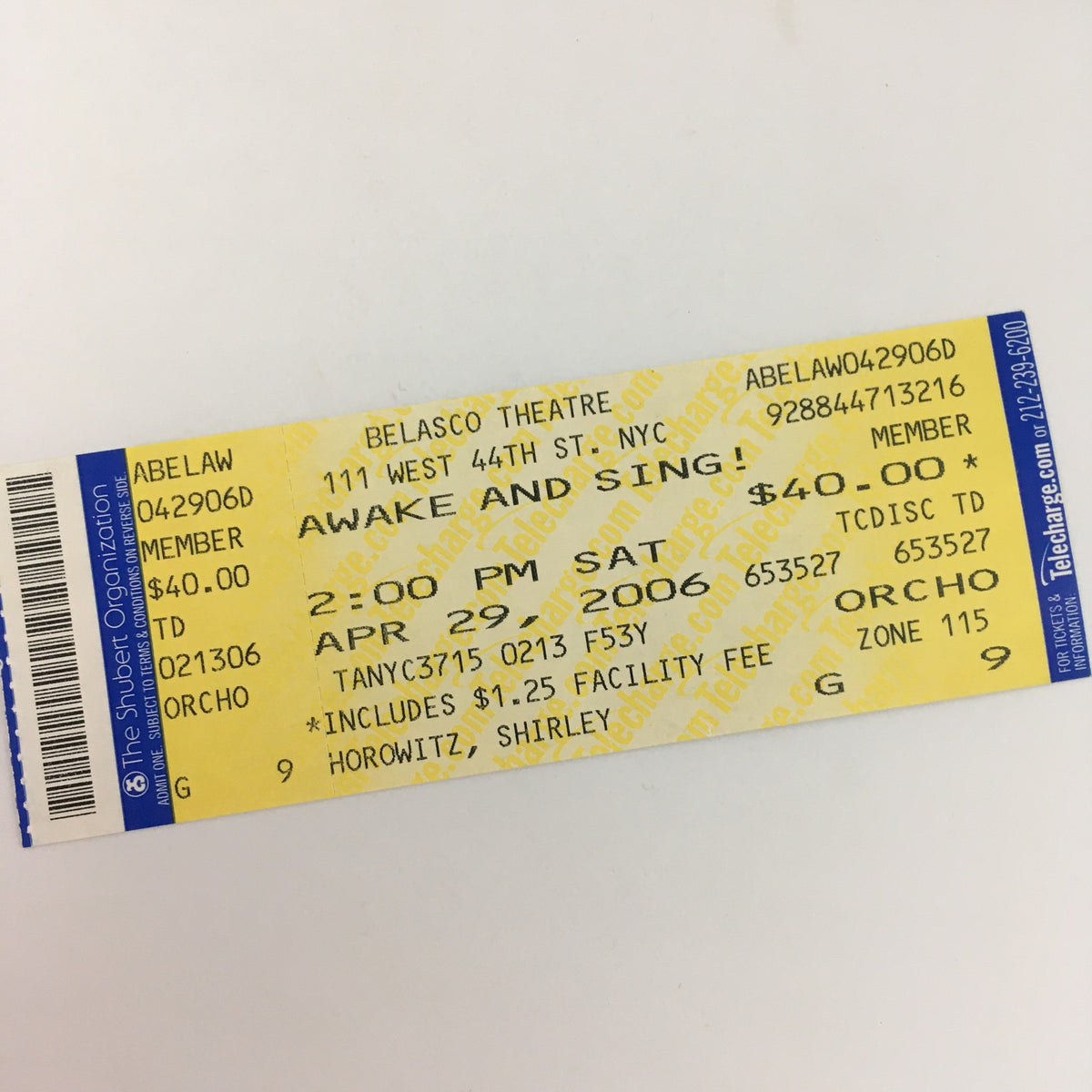 Original ticket stub from the 2006 performance of 'Awake and Sing!' by Clifford Odets, highlighting the event date and location at the Belasco Theatre.