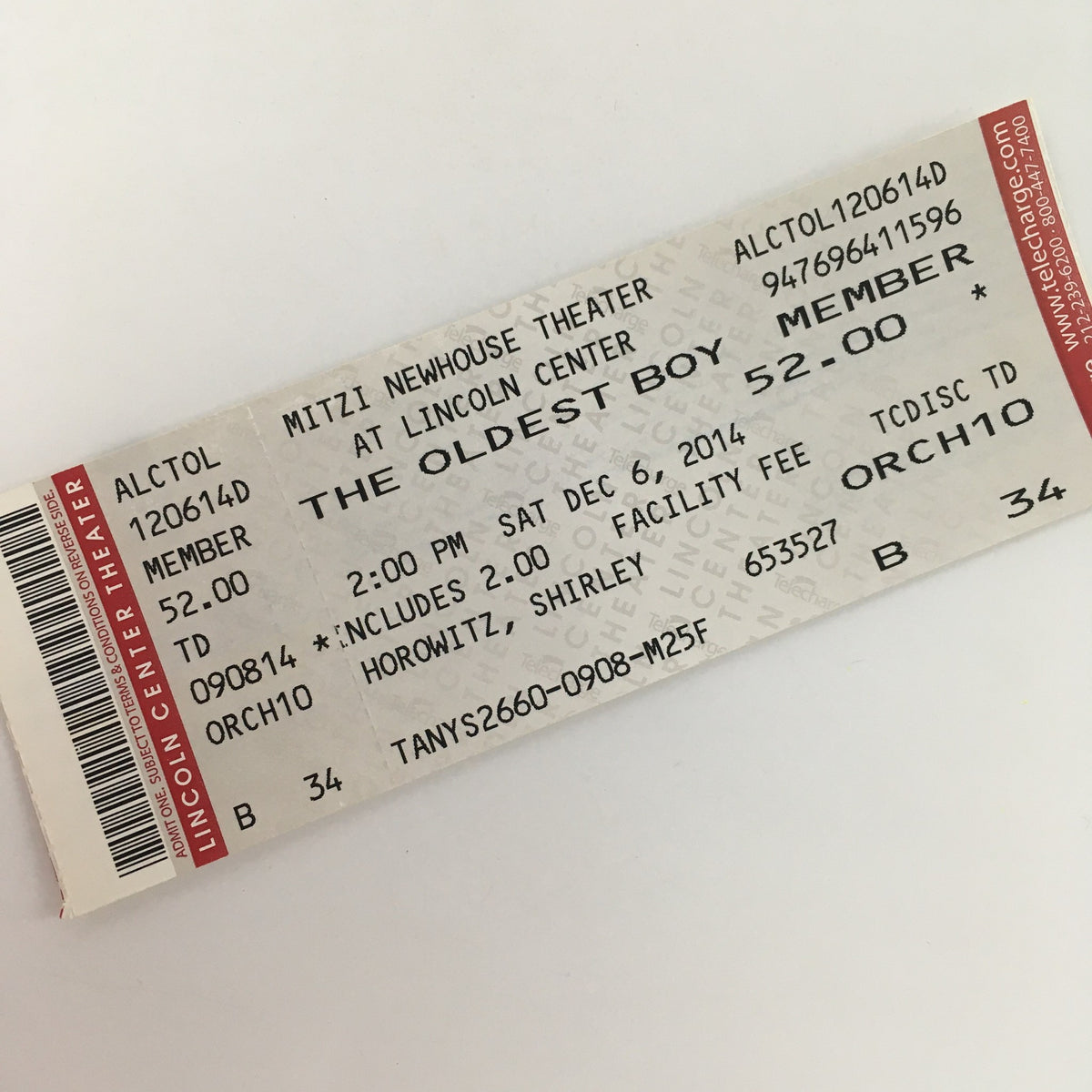Original ticket from the 2014 performance of 'The Oldest Boy' by Sarah Ruhl at the Mitzi E. Newhouse Theater, showing date and seat information.