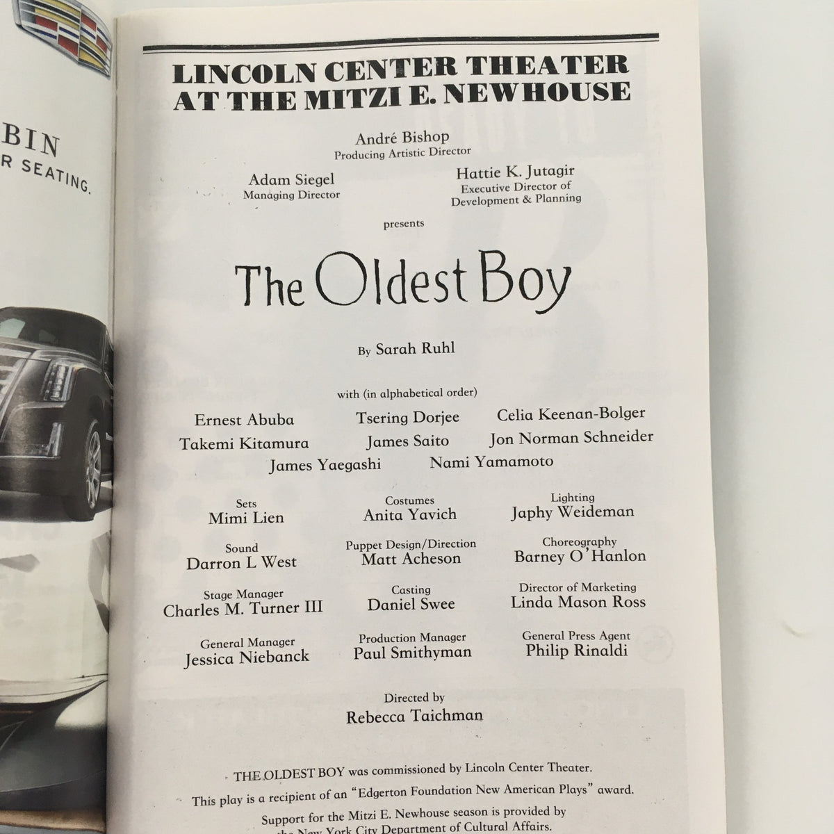 2014 Playbill for 'The Oldest Boy' by Sarah Ruhl at Lincoln Center Theater, showcasing cast and production details on the inside page.