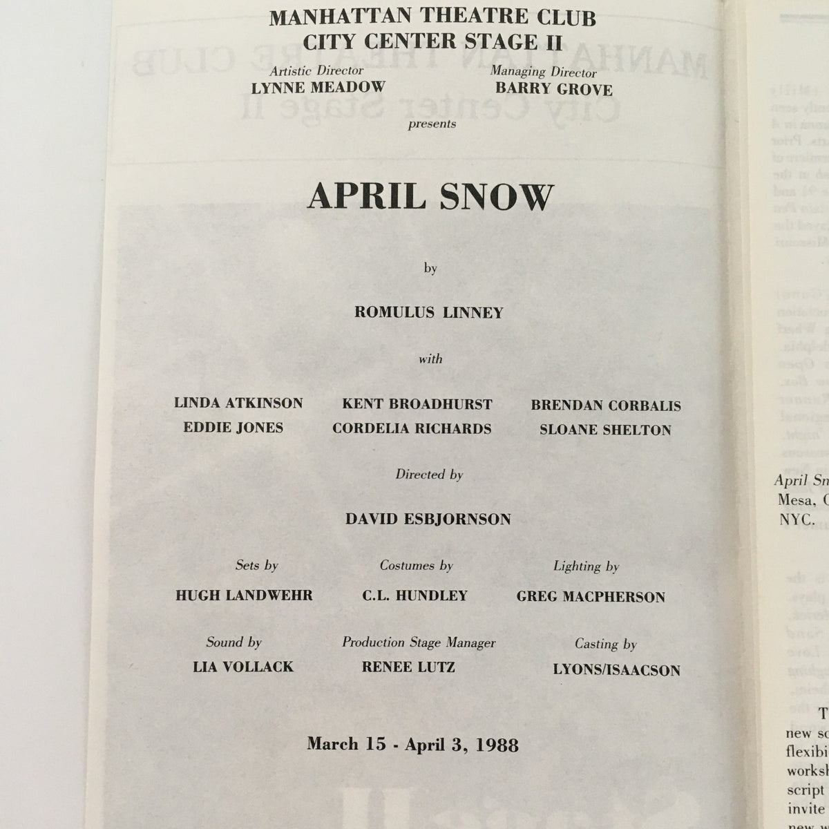 Interior page of the 1988 Manhattan Theatre Club Stage II program for ‘April Snow’ by Romulus Linney, featuring cast and crew details, including director and artistic contributors.