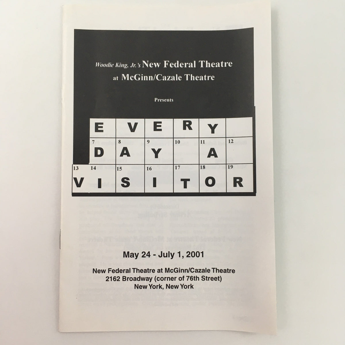 2001 New Federal Theatre program for 'Every Day A Visitor' by Richard Abrons, featuring event details and performance dates.