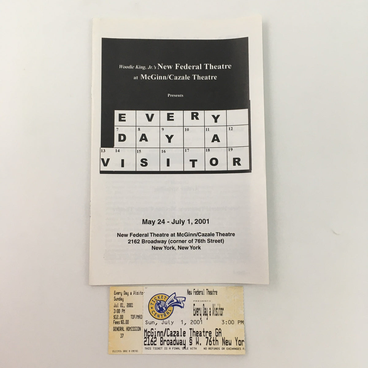 2001 New Federal Theatre program and ticket for 'Every Day A Visitor' by Richard Abrons, with information on the venue and performance dates.
