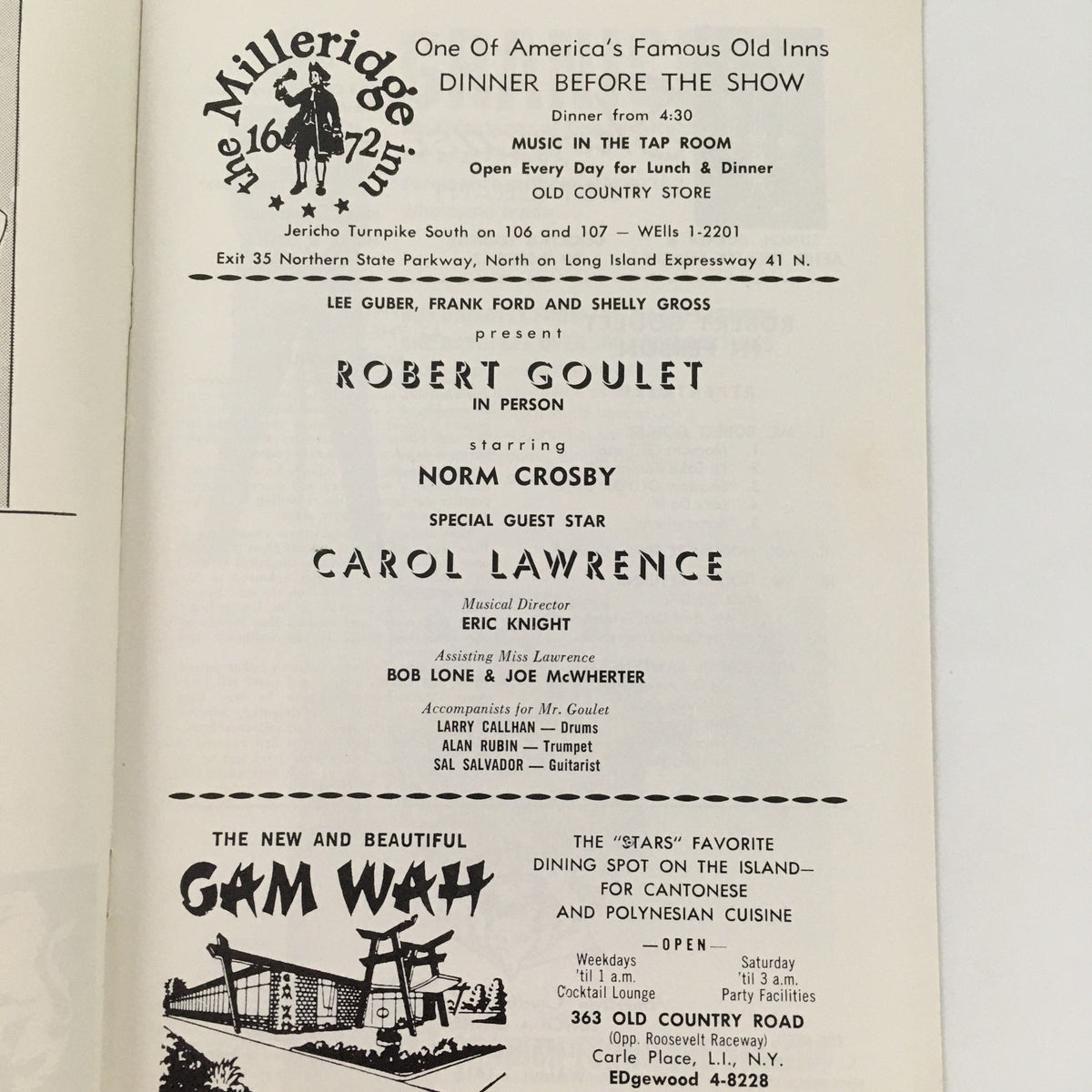 Interior page of the 1966 Westbury Music Fair program for 'Robert Goulet in Person', listing performers Robert Goulet, Norm Crosby, and special guest star Carol Lawrence.