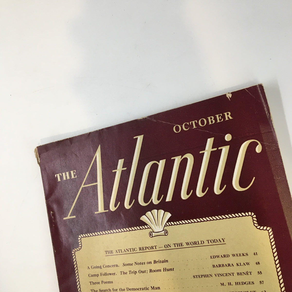 Cover of VTG The Atlantic Magazine October 1943, showcasing the title and an overview of featured writings during World War II.