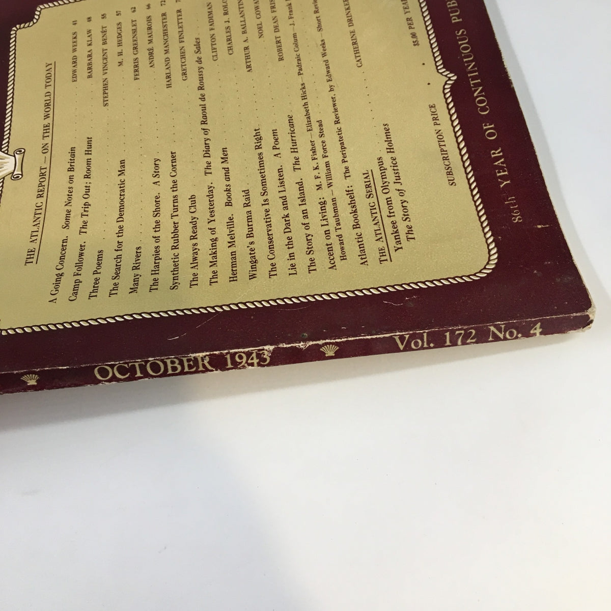 Spine view of VTG The Atlantic Magazine October 1943, highlighting its vintage charm and subscription information.