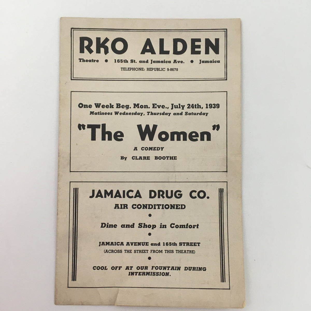 1939 RKO Alden Theatre 'The Women' A Comedy by Clare Boothe promotional flyer showcasing details of the performance including dates and theater information.