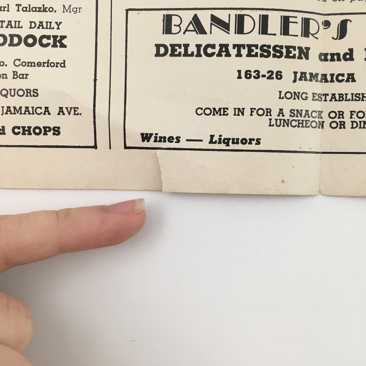 Close-up of 1939 RKO Alden Theatre 'The Women' A Comedy by Clare Boothe advertisement highlighting Bandler's Delicatessen including location and service details.