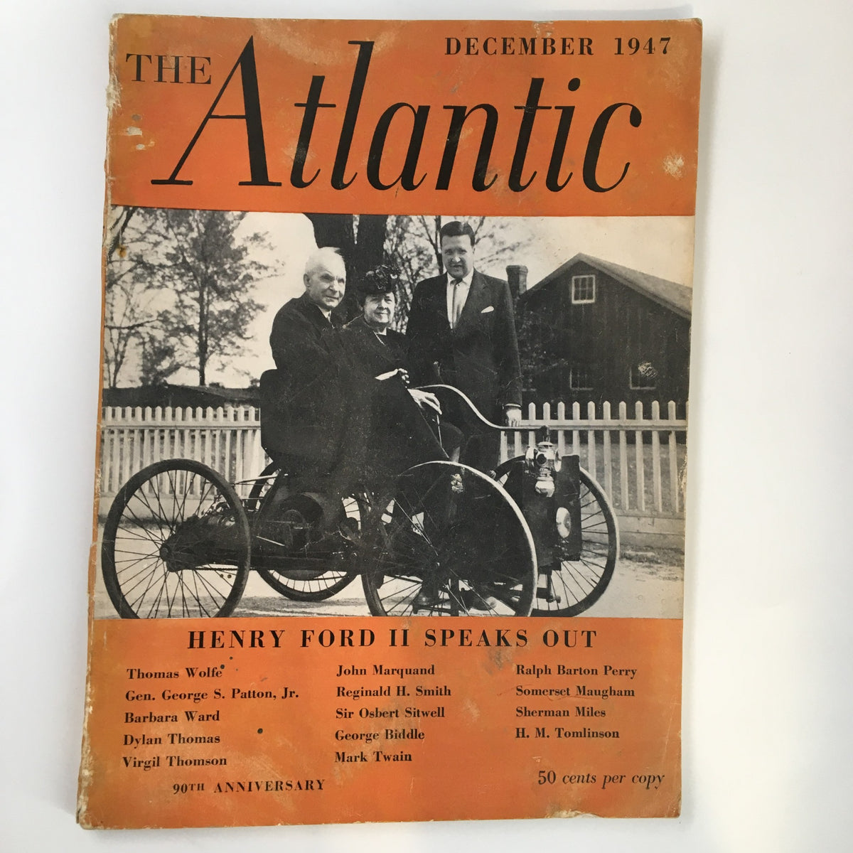 Cover of VTG The Atlantic Magazine December 1947 featuring Henry Ford II Speaks Out. The cover shows three individuals with a vintage car, evoking historical significance.
