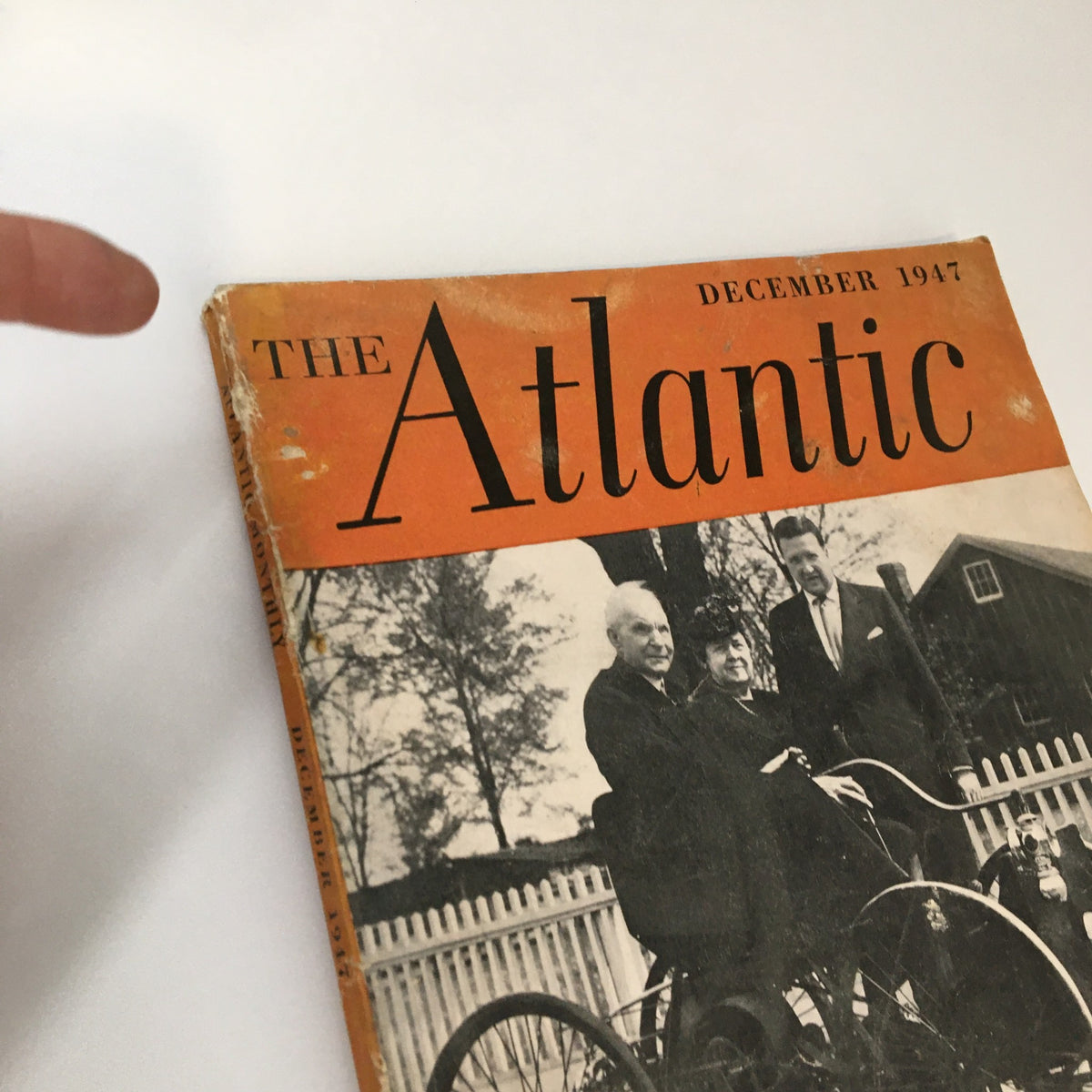 Close-up view of the cover of VTG The Atlantic Magazine December 1947 highlighting Henry Ford II's article. The image captures the quality and details of the magazine’s cover.