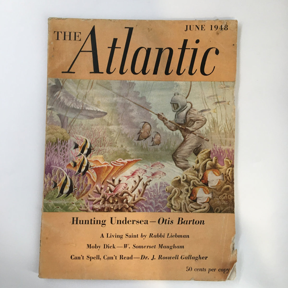 Vintage The Atlantic Magazine cover from June 1948 featuring the article "Hunting Undersea" by Otis Borton, illustrated with underwater scenes and marine life.