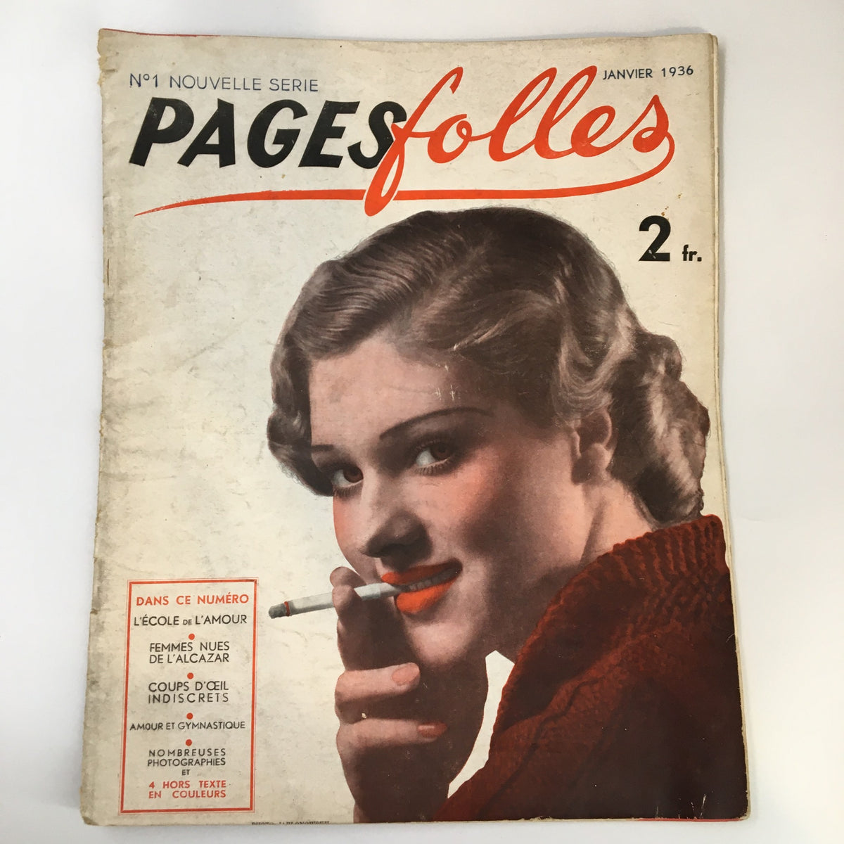 Cover of VTG Pages Folles Magazine January 1936 featuring a woman with red lipstick and a cigarette, showcasing vintage art style and fashion.